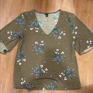 Ann Taylor Floral V-Neck Blouse - Olive Green